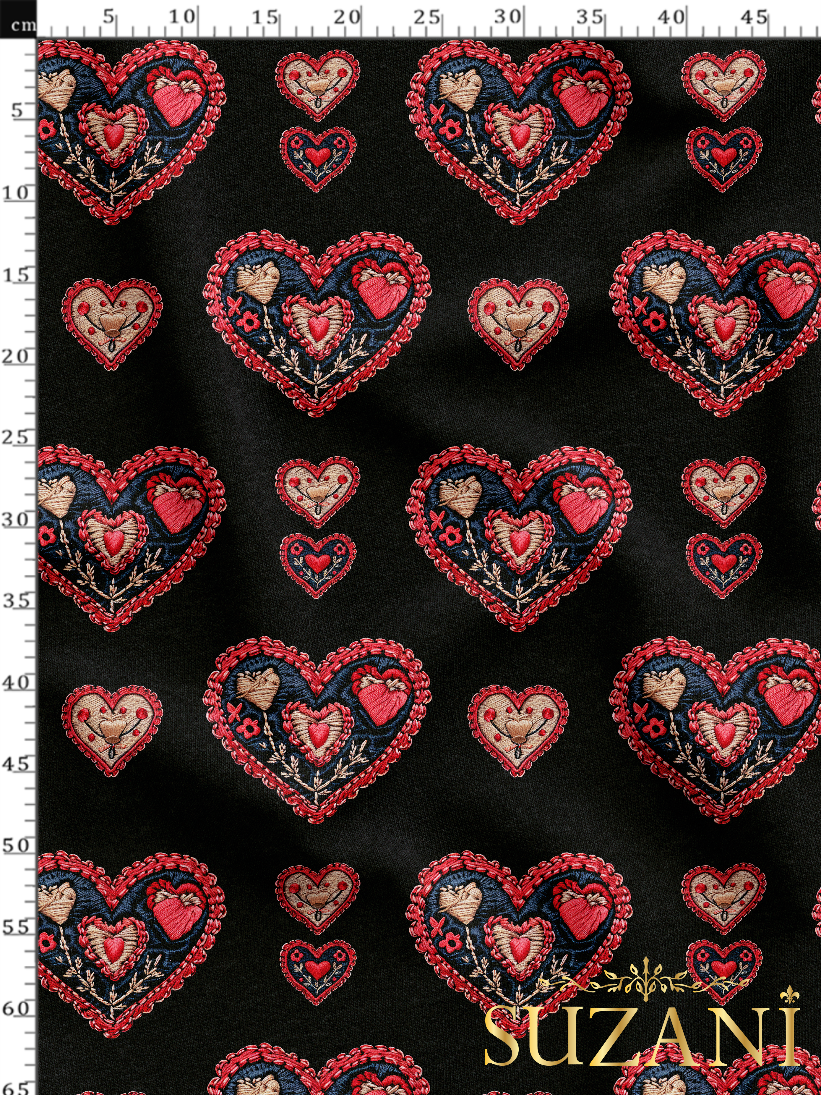 Siyah Zemin Nakış Efektli Kalp Desenli Dijital Baskılı Kumaş