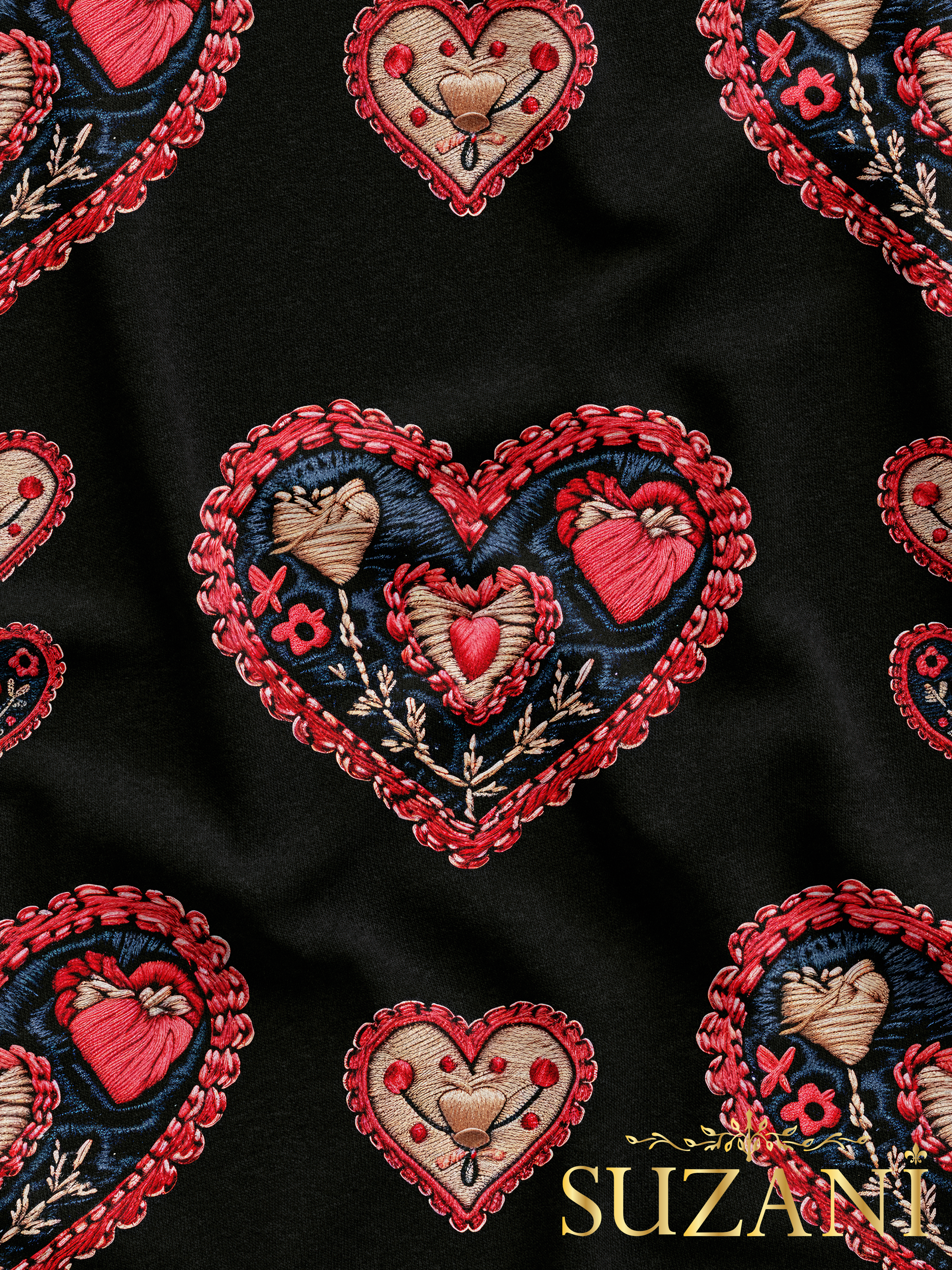 Siyah Zemin Nakış Efektli Kalp Desenli Dijital Baskılı Kumaş