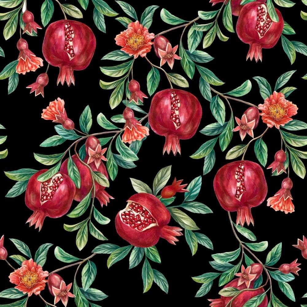 Siyah Zemin Nar Desenli Dijital Baskılı Kumaş