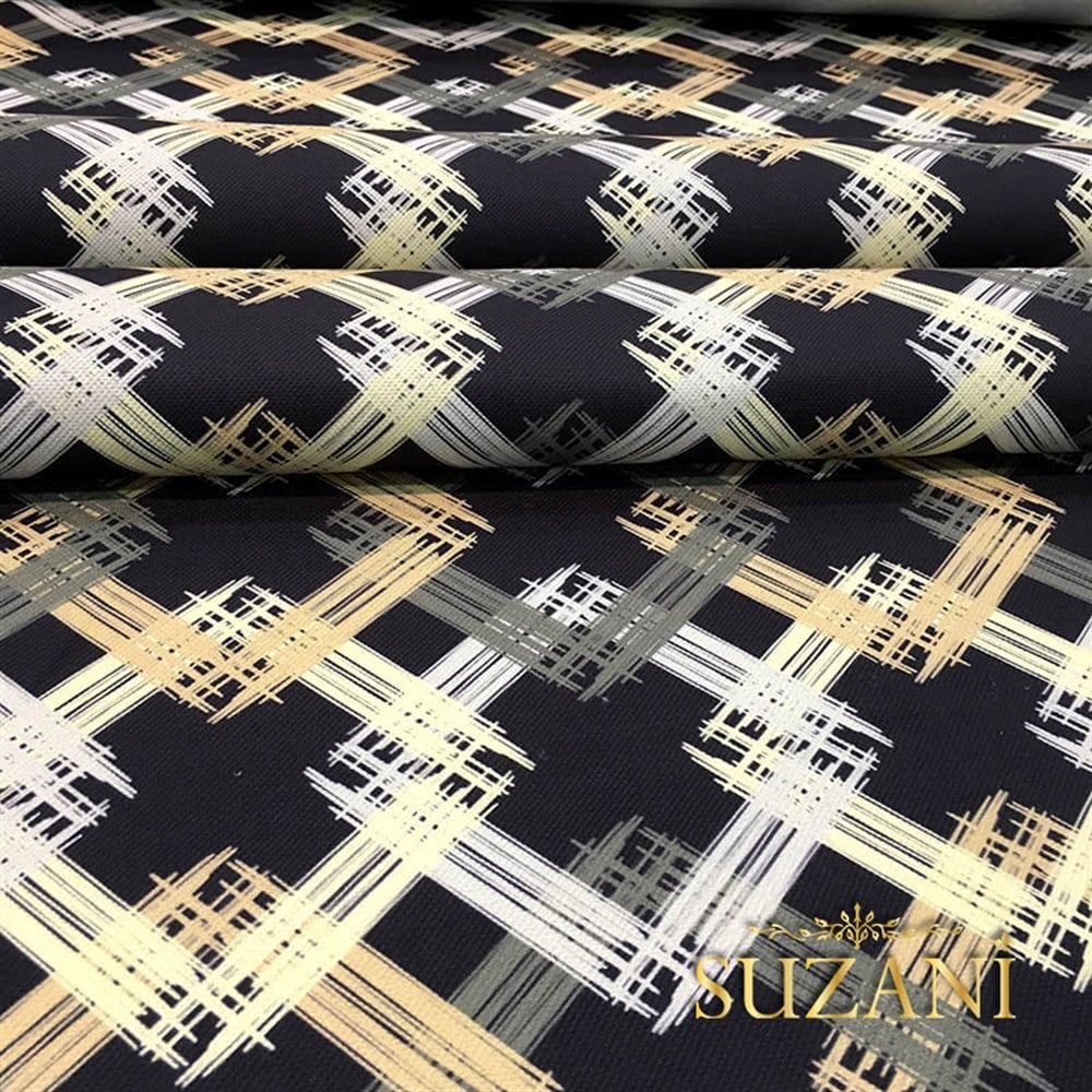 Siyah Zemin Sarı Gri Kareli Kumaş