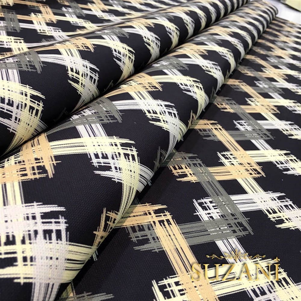 Siyah Zemin Sarı Gri Kareli Kumaş