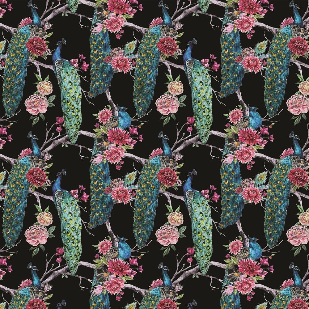 Siyah Zemin Tavuskuşu Desenli Kumaş