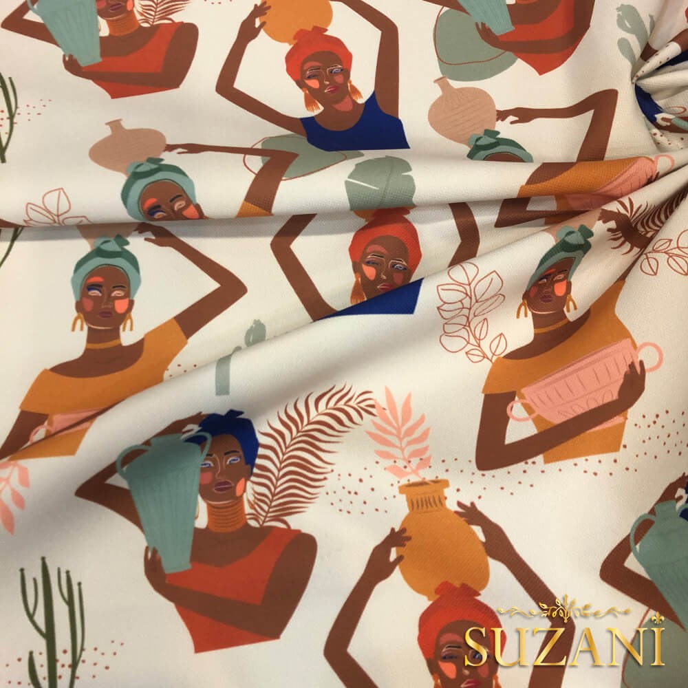 Soft Boho Portre Desenli Dijital Baskılı Kumaş