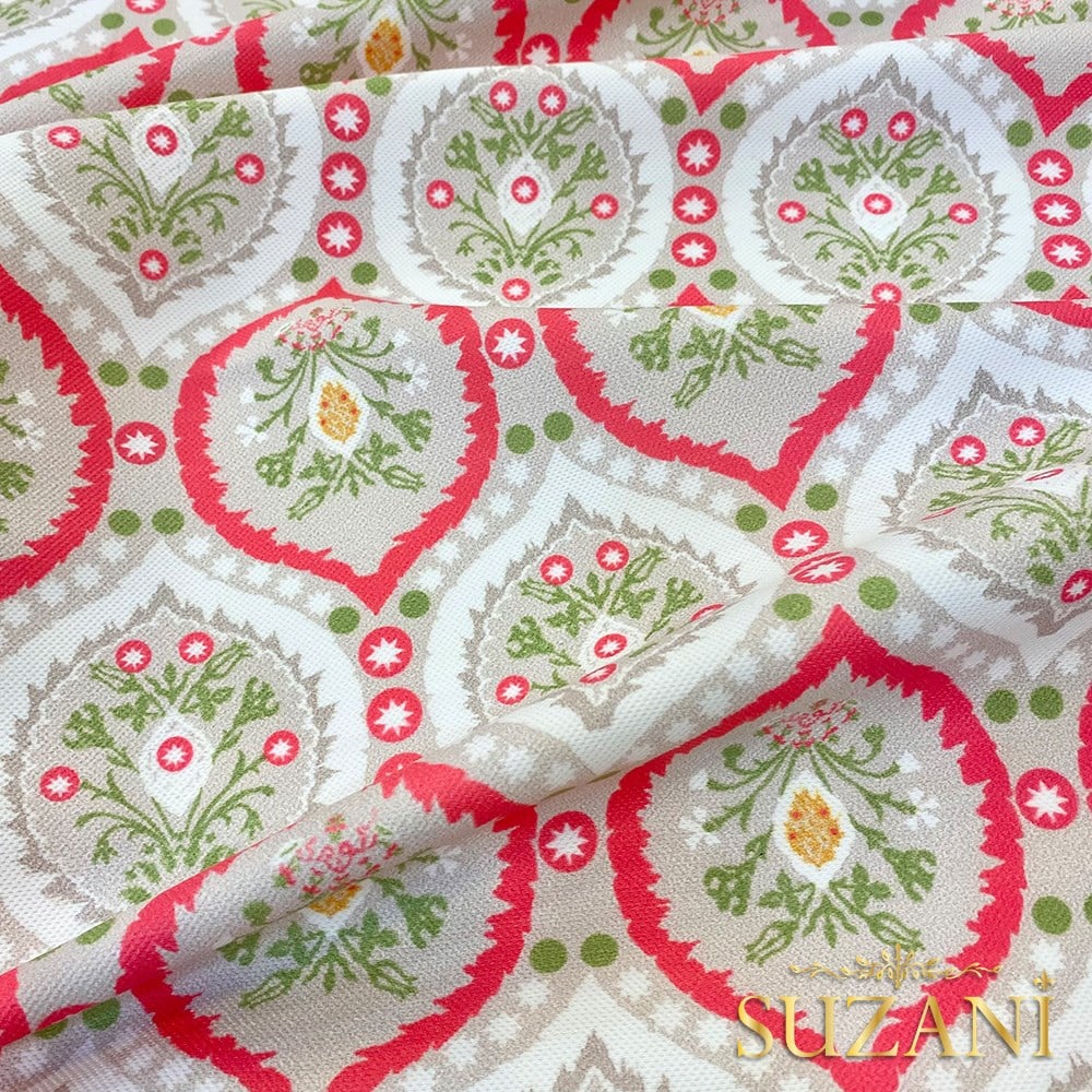 Soft Kırmızı Damla Damask Desenli Dijital Baskılı Kumaş