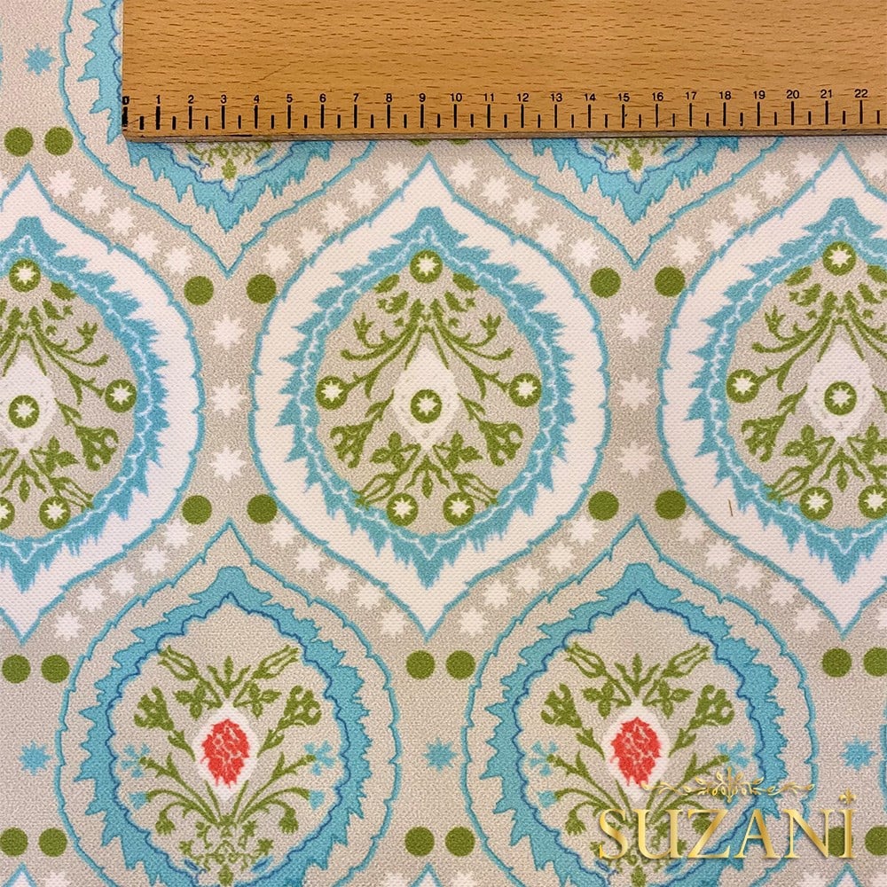 Soft Mavi Damla Damask Desenli Dijital Baskılı Kumaş