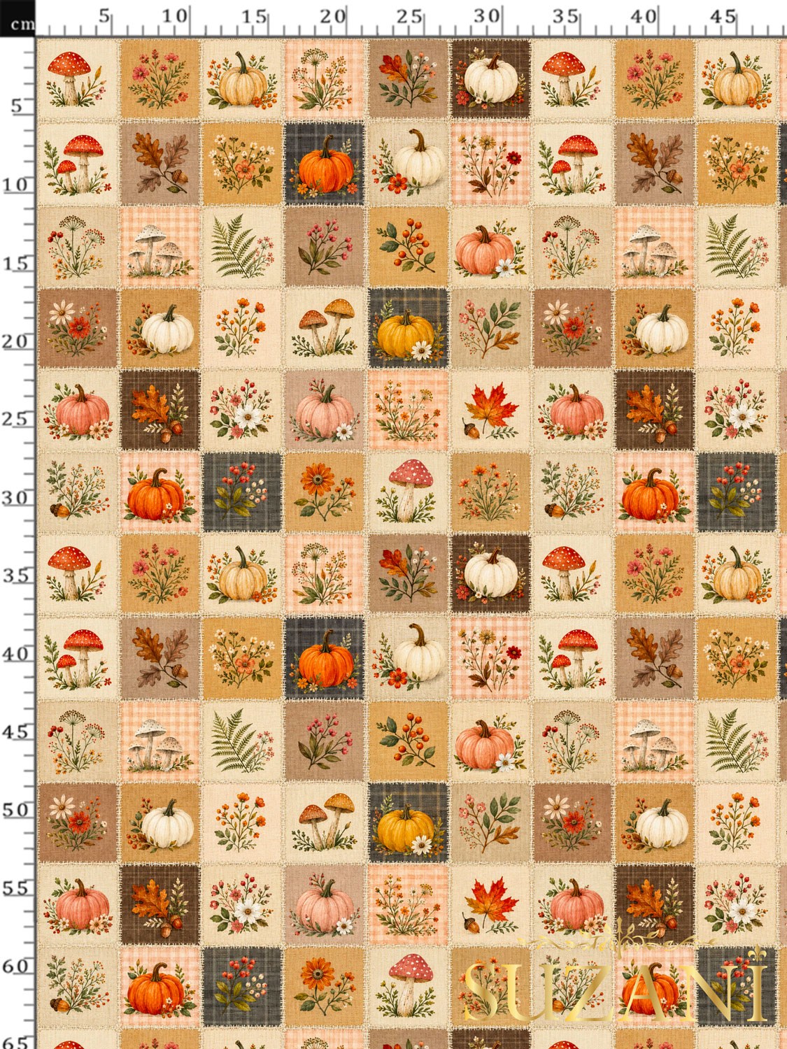 Sonbahar Balkabağı Patchwork Desenli Dijital Baskılı Kumaş
