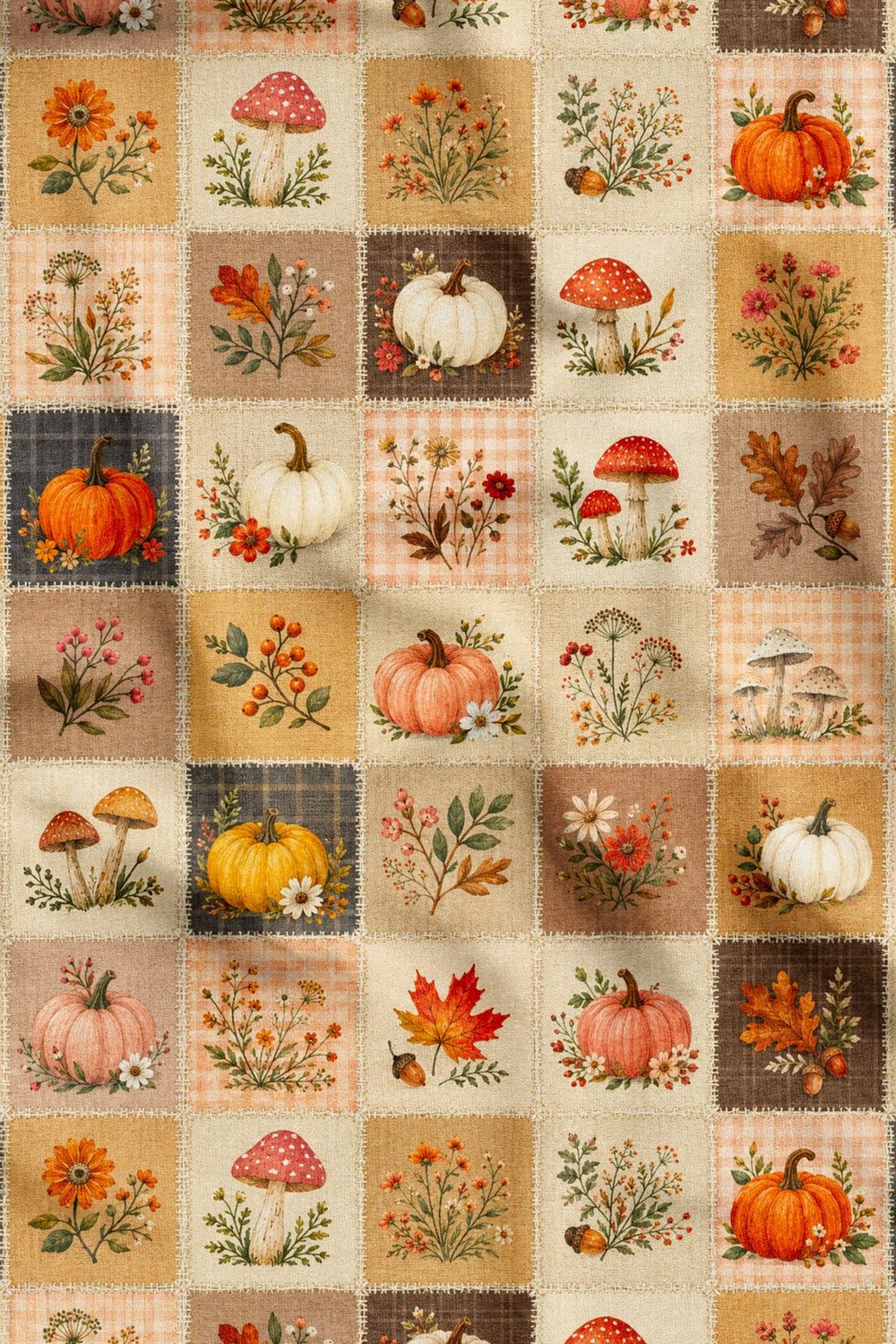 Sonbahar Balkabağı Patchwork Desenli Dijital Baskılı Kumaş