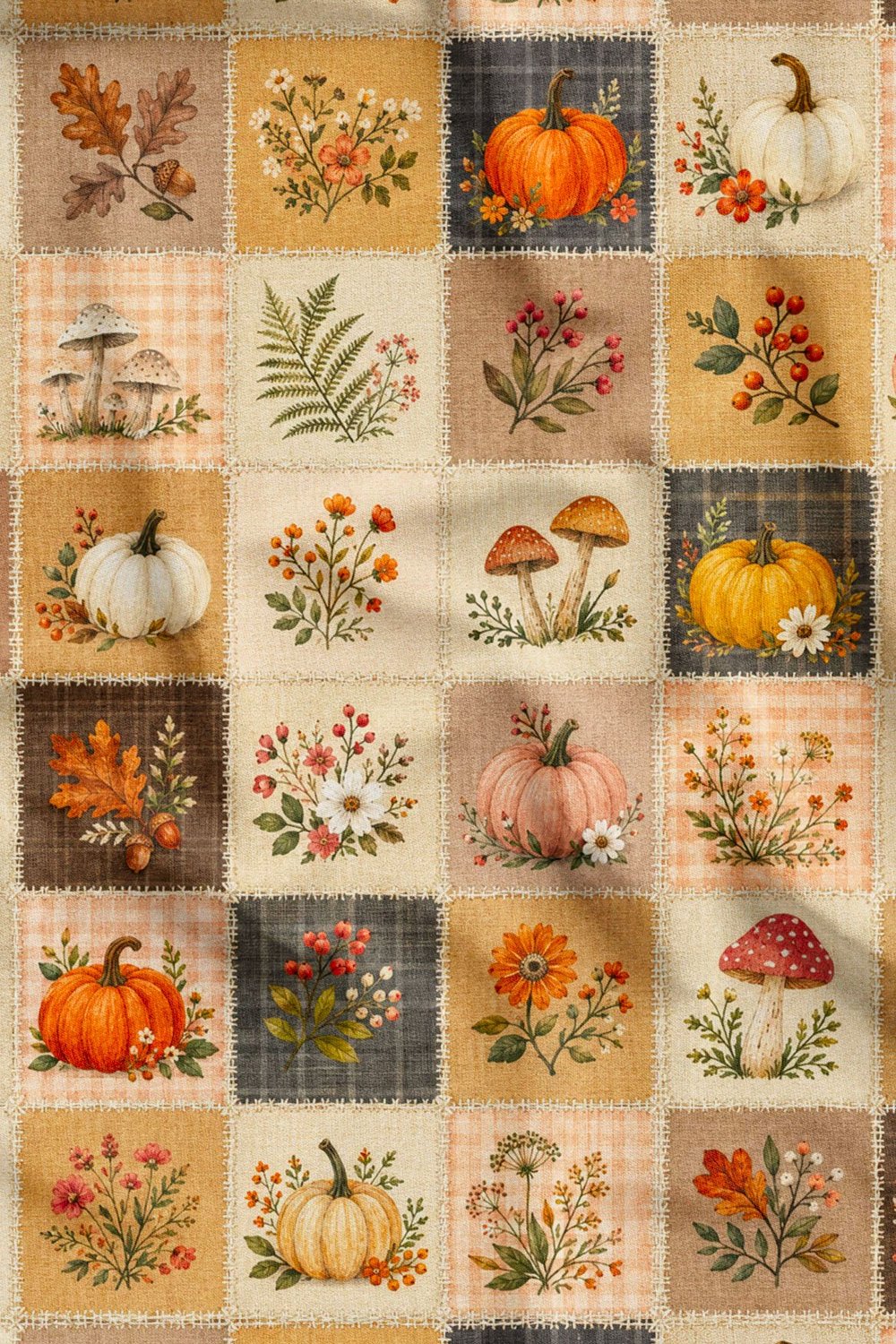 Sonbahar Balkabağı Patchwork Desenli Dijital Baskılı Kumaş