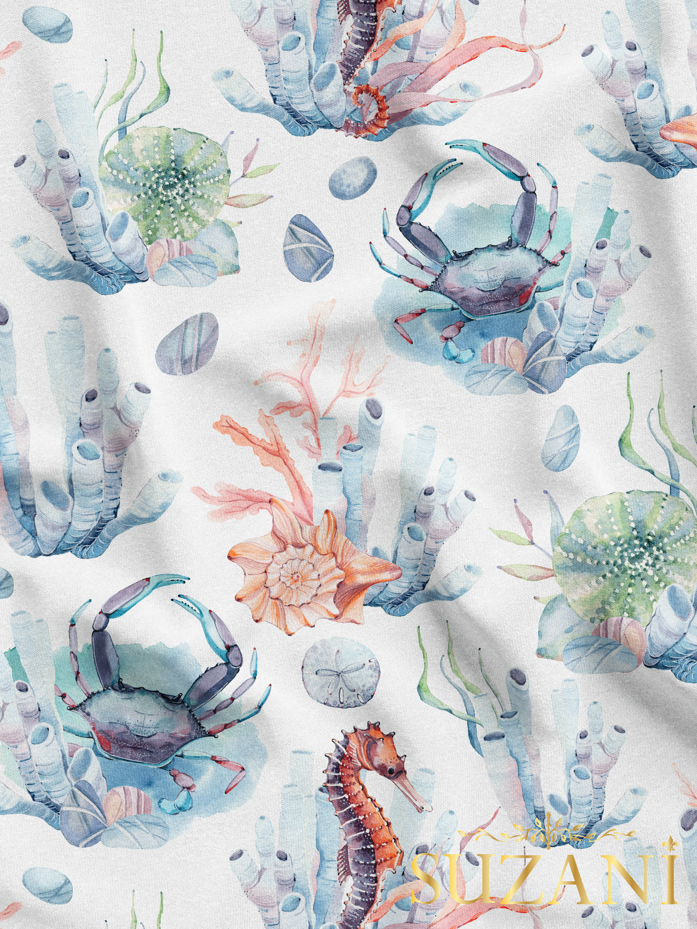 Su Altı Canlıları Desenli Dijital Baskılı Kumaş