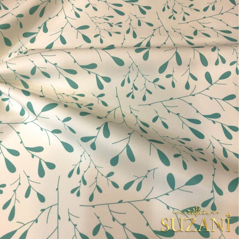 Su Yeşili Minik Yaprak Desenli Dijital Baskılı Kumaş