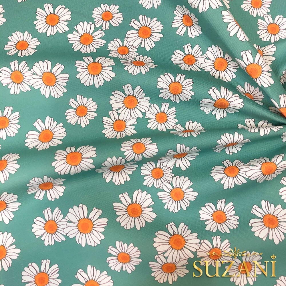 Su Yeşili Papatya Desenli Dijital Baskılı Kumaş