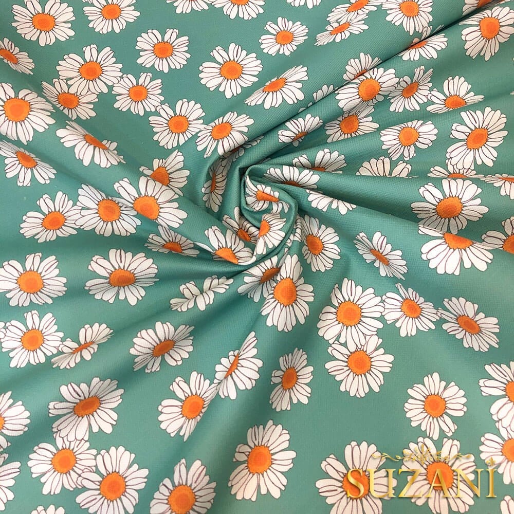 Su Yeşili Papatya Desenli Dijital Baskılı Kumaş