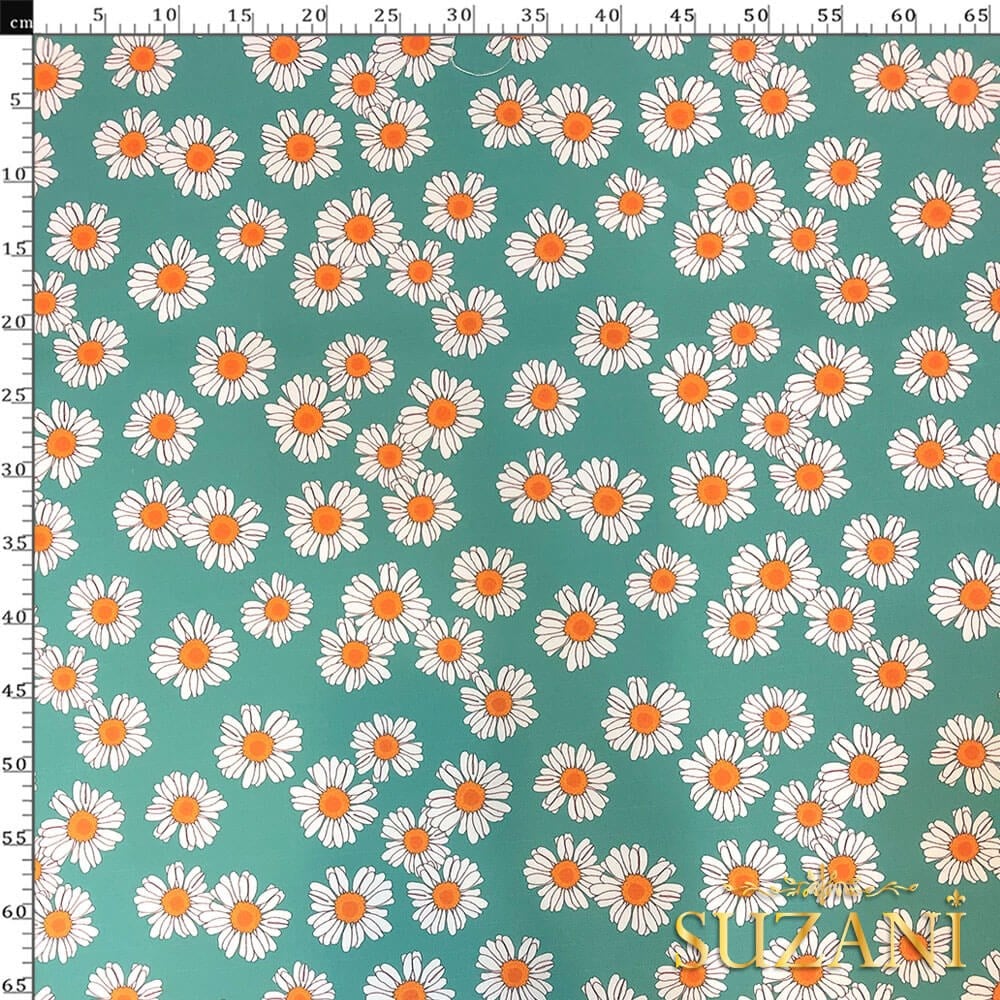 Su Yeşili Papatya Desenli Dijital Baskılı Kumaş