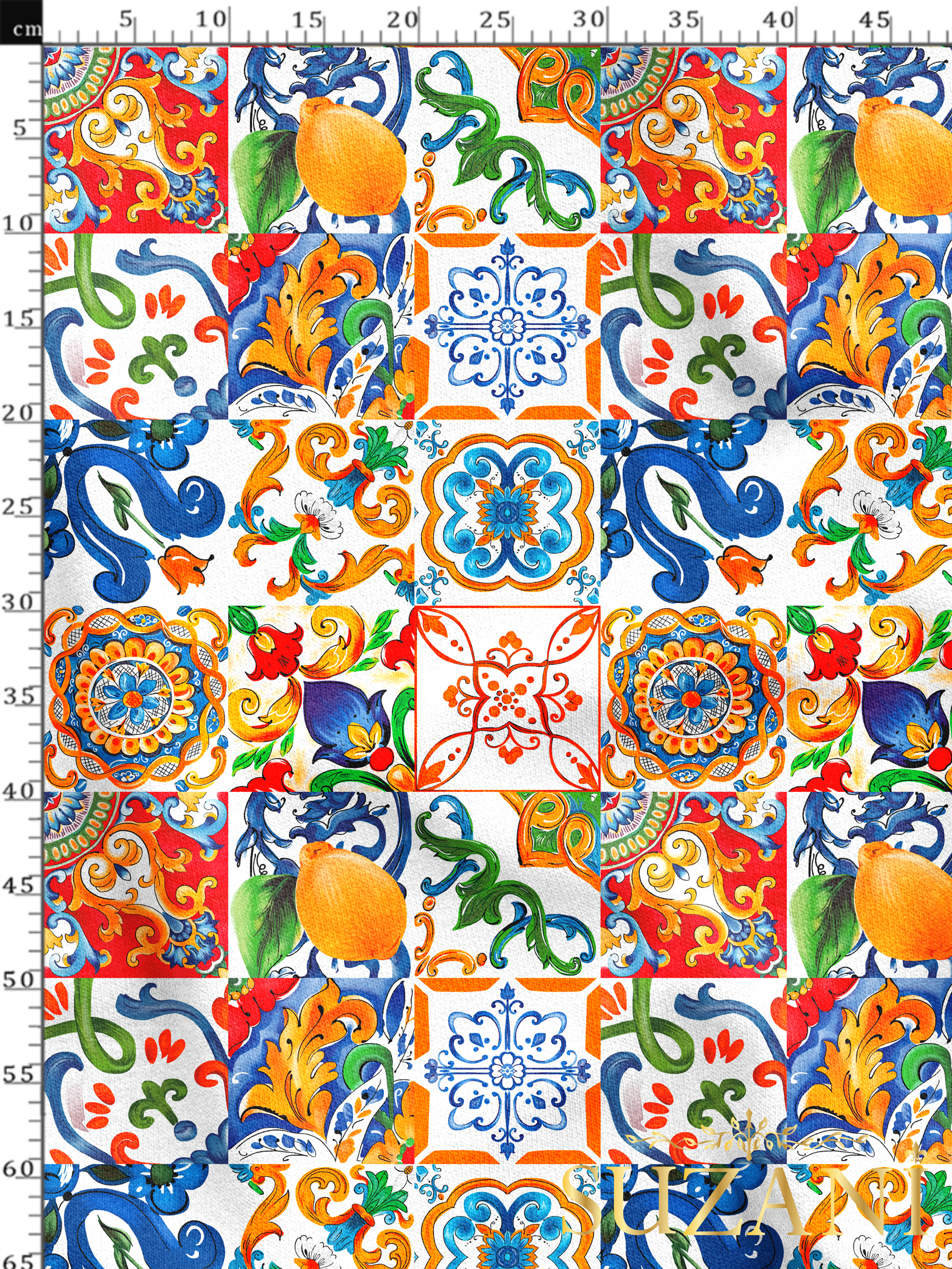 Sulu Boya Çini Desenli Dijital Baskılı Kumaş