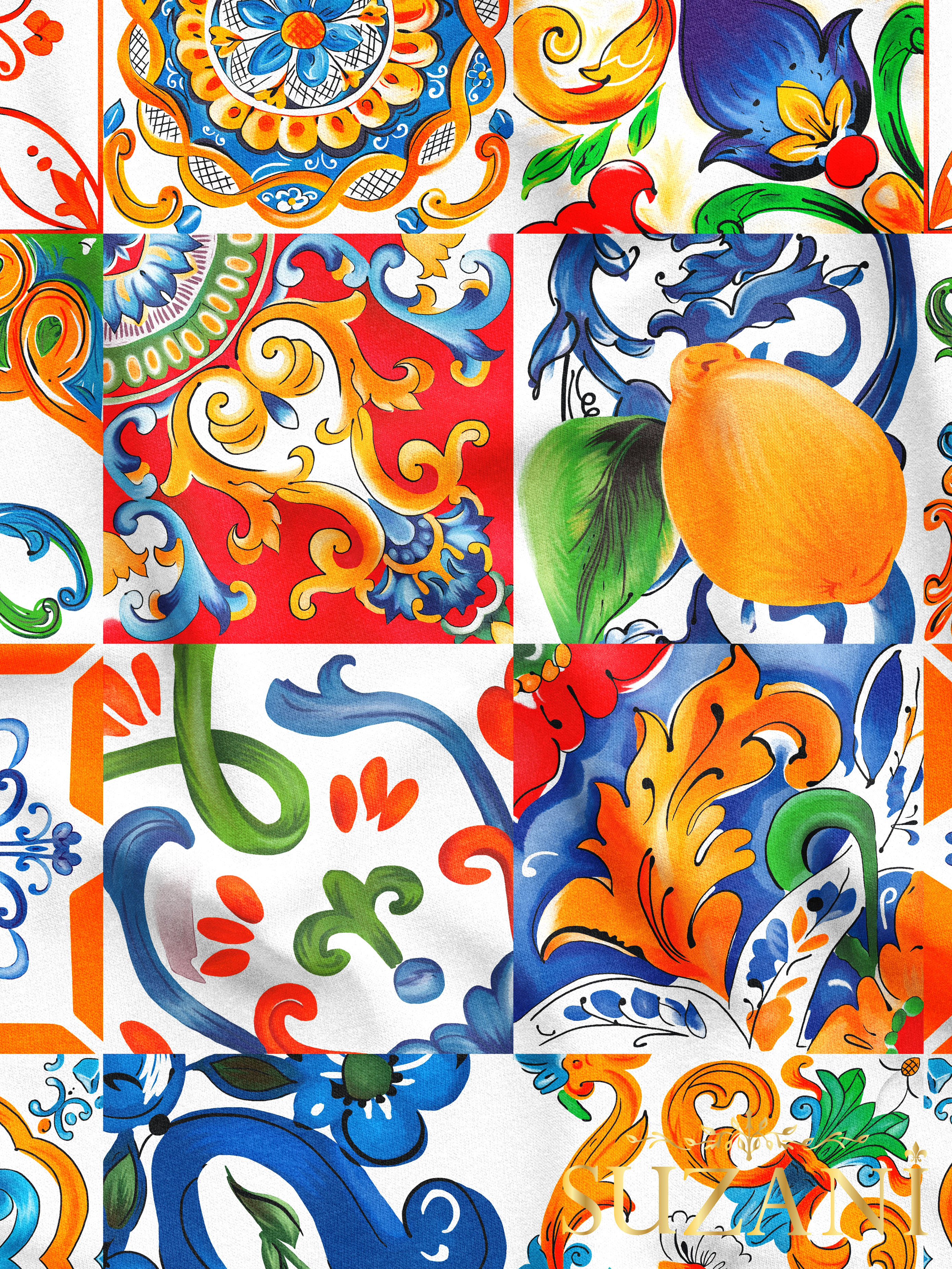 Sulu Boya Çini Desenli Dijital Baskılı Kumaş