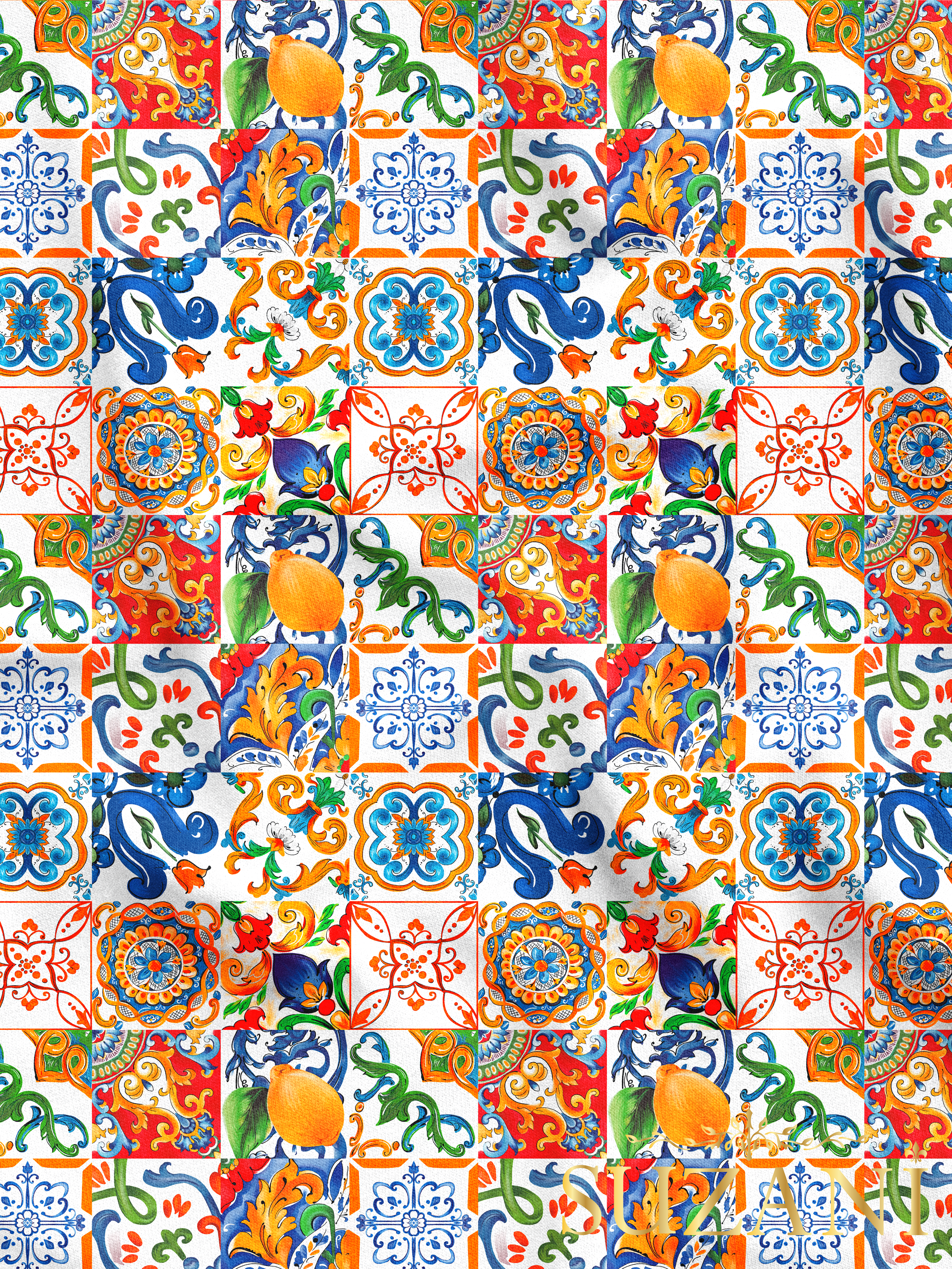 Sulu Boya Çini Desenli Dijital Baskılı Kumaş