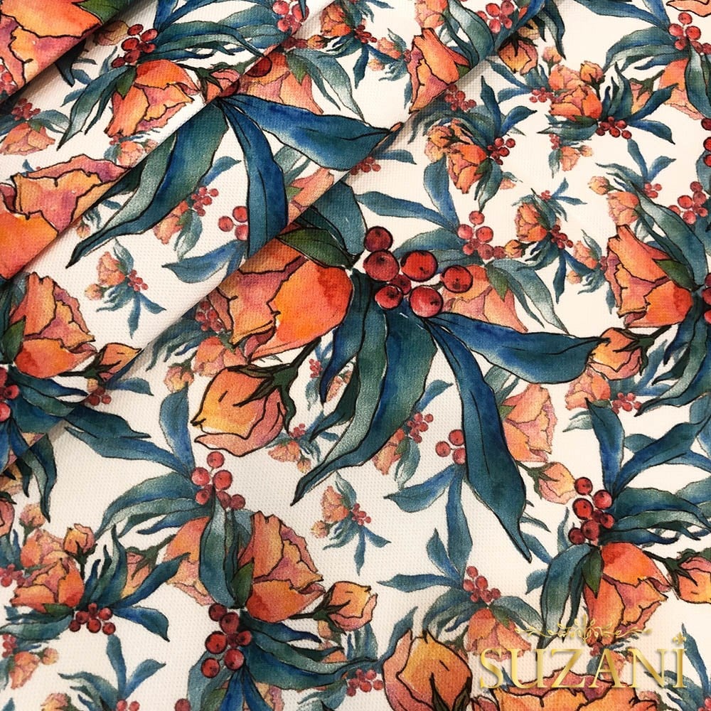 Suluboya Çiçek Desenli Dijital Baskılı Kumaş