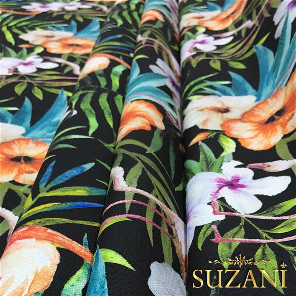 Suluboya Efektli Flamingolu Çiçekli Kumaş