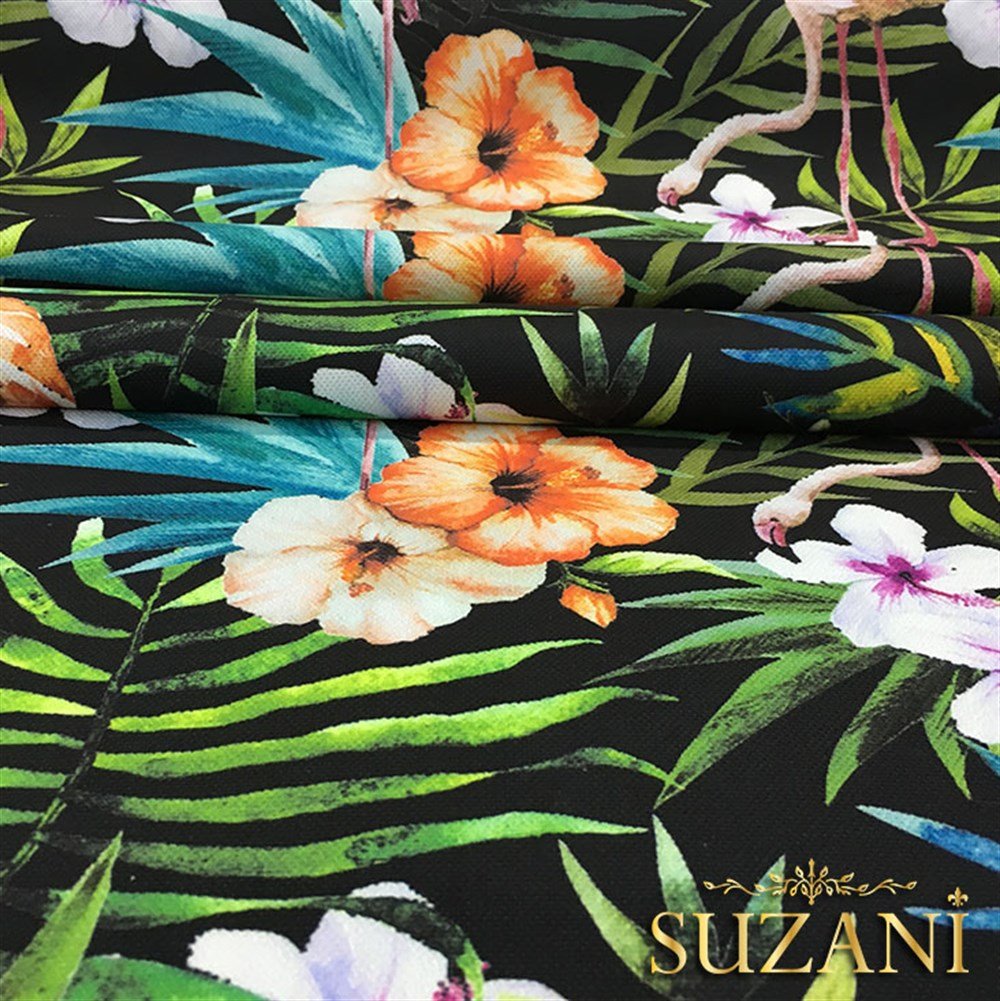 Suluboya Efektli Flamingolu Çiçekli Kumaş