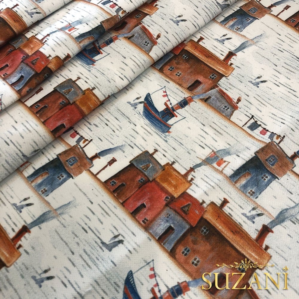 Suluboya Ev Desenli Dijital Baskılı Kumaş