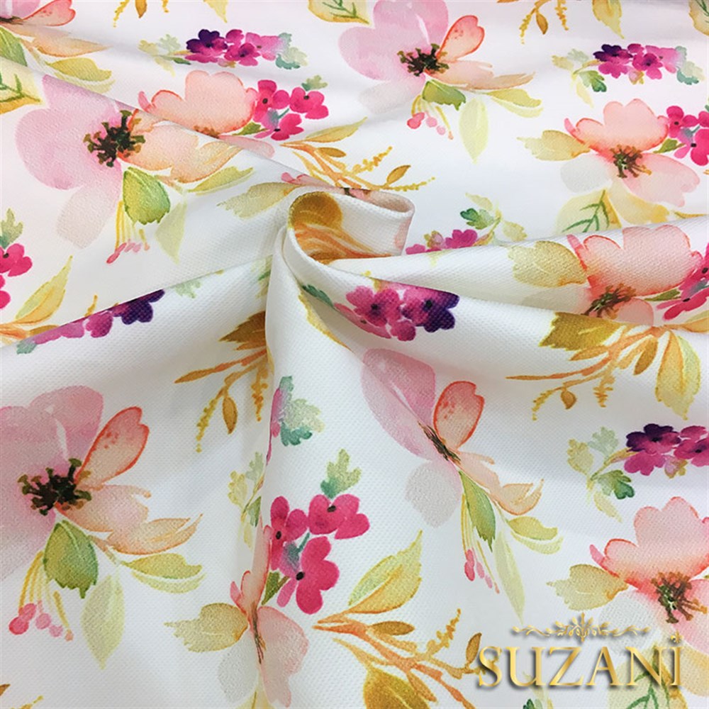 Suluboya Pembe Fuşya Çiçekli Kumaş