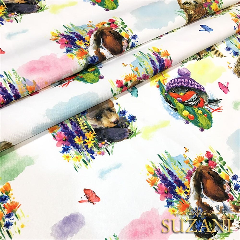 Suluboya Sevimli Hayvanlar Desenli Kumaş