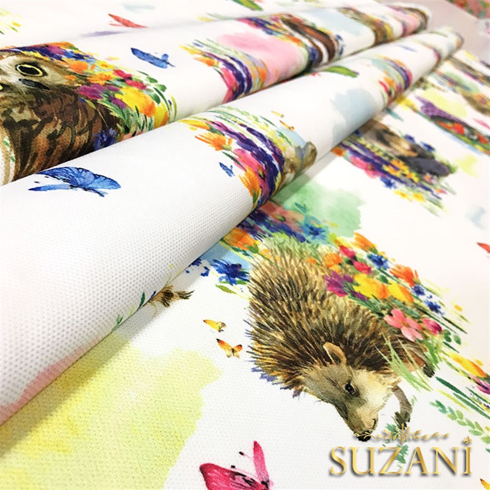 Suluboya Sevimli Hayvanlar Desenli Kumaş