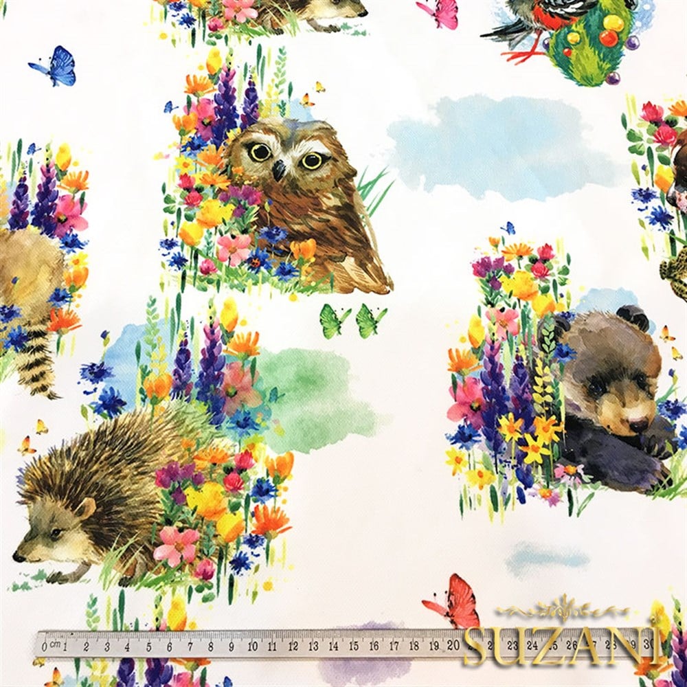 Suluboya Sevimli Hayvanlar Desenli Kumaş