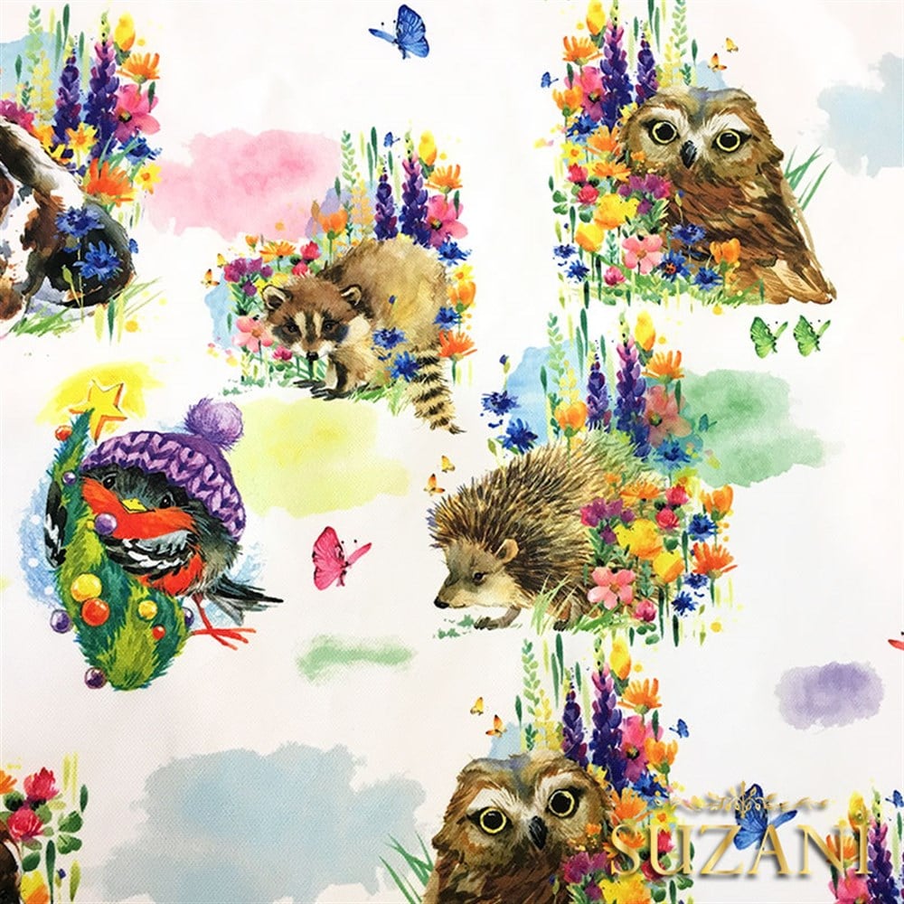 Suluboya Sevimli Hayvanlar Desenli Kumaş