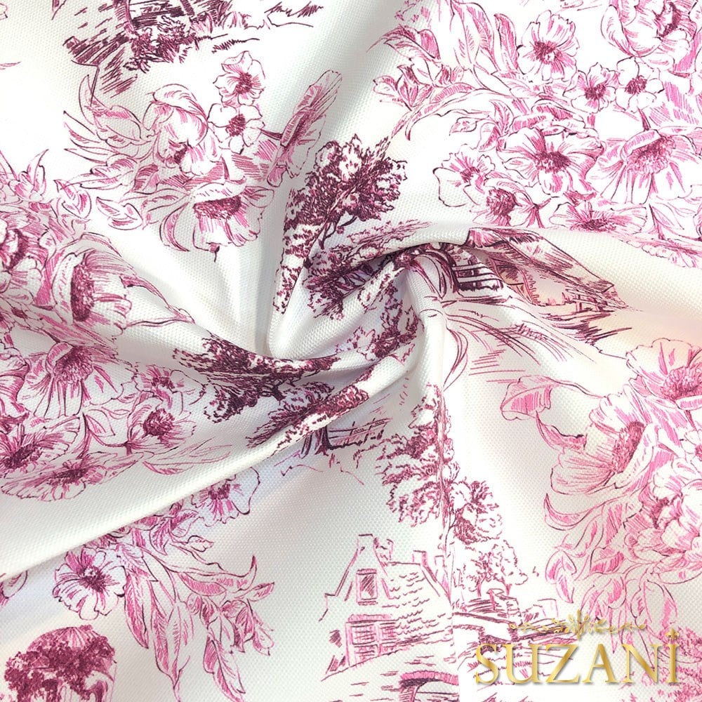 Toile de Jouy Stil Kır Evleri Desenli Dijital Baskılı Kumaş (Pembe)