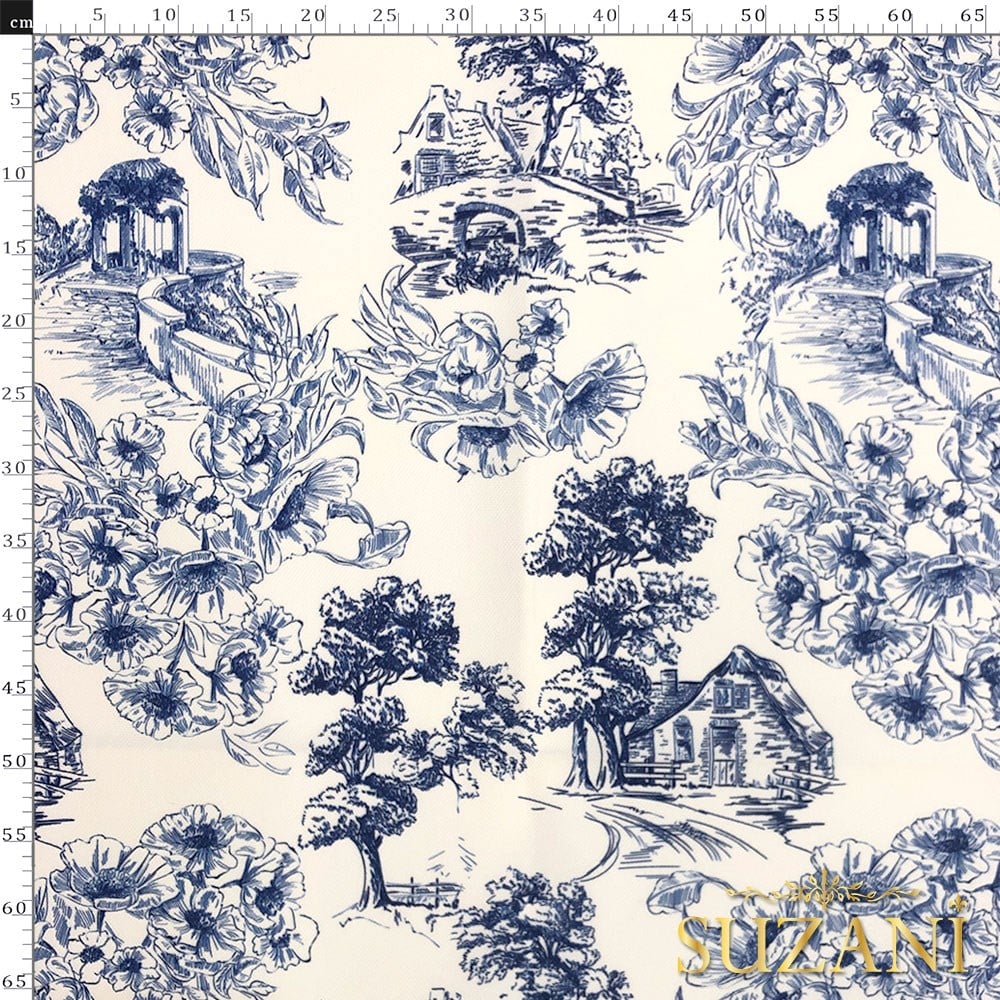 Toile de Jouy Stil Kır Evleri Desenli Dijital Baskılı Kumaş (Lacivert)