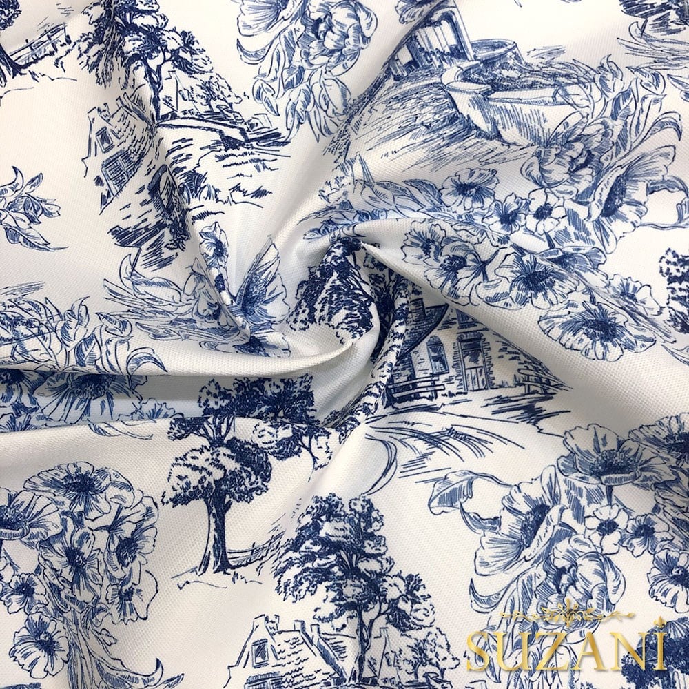 Toile de Jouy Stil Kır Evleri Desenli Dijital Baskılı Kumaş (Lacivert)