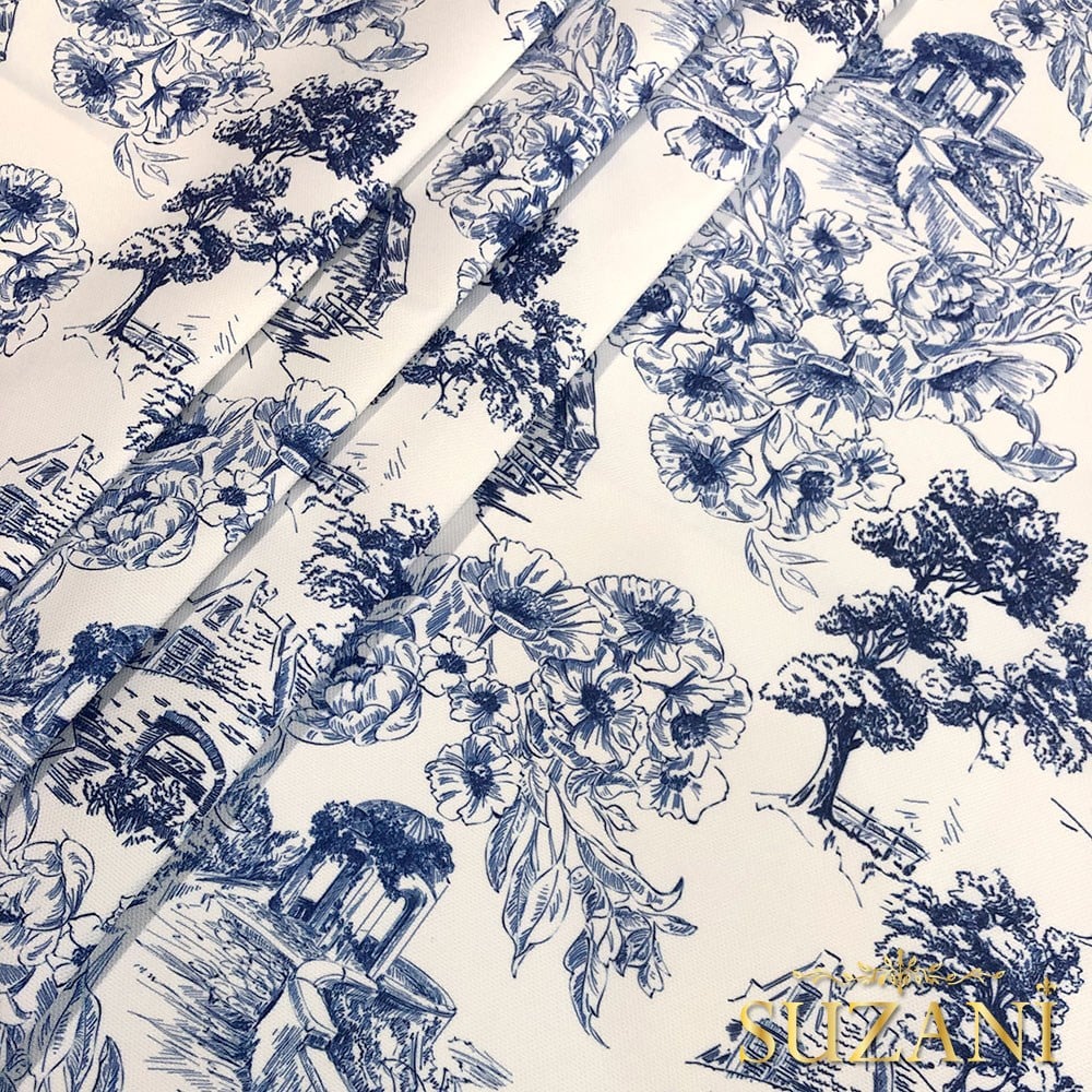 Toile de Jouy Stil Kır Evleri Desenli Dijital Baskılı Kumaş (Lacivert)