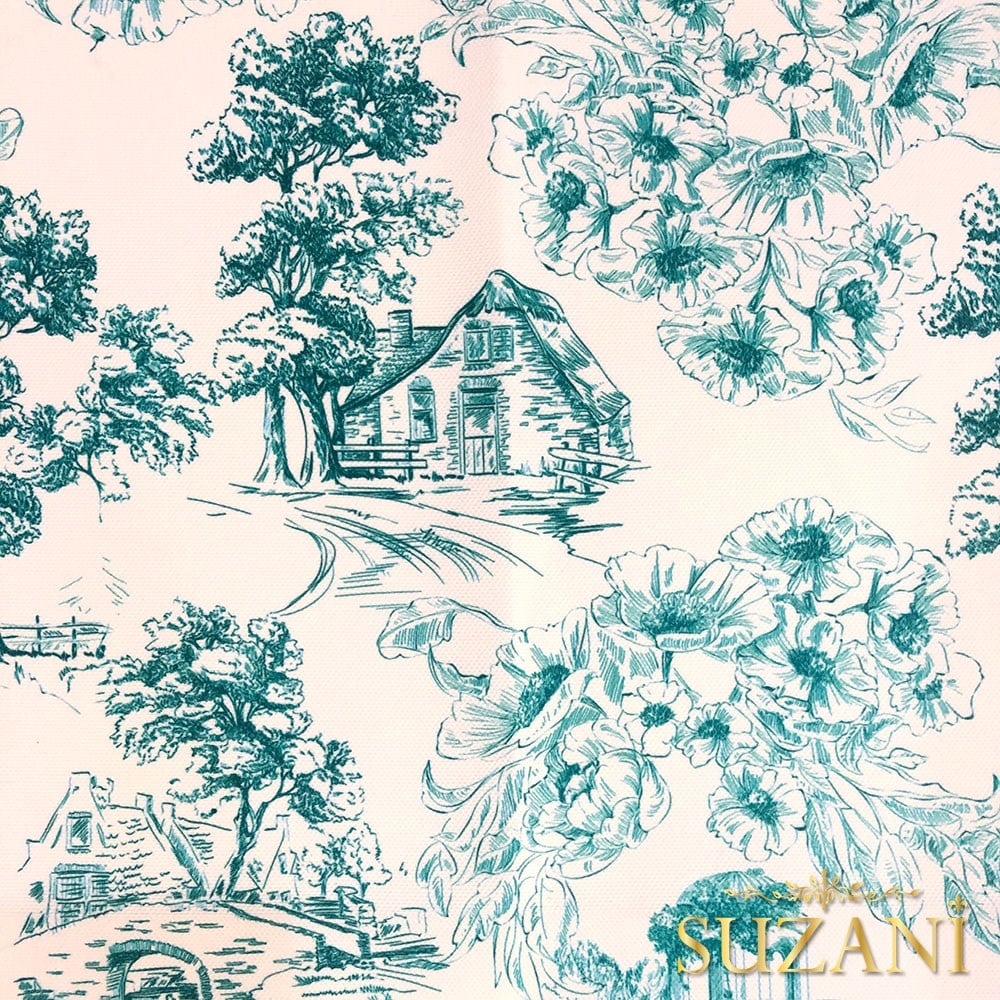 Toile de Jouy Stil Kır Evleri Desenli Dijital Baskılı Kumaş (Turkuaz)