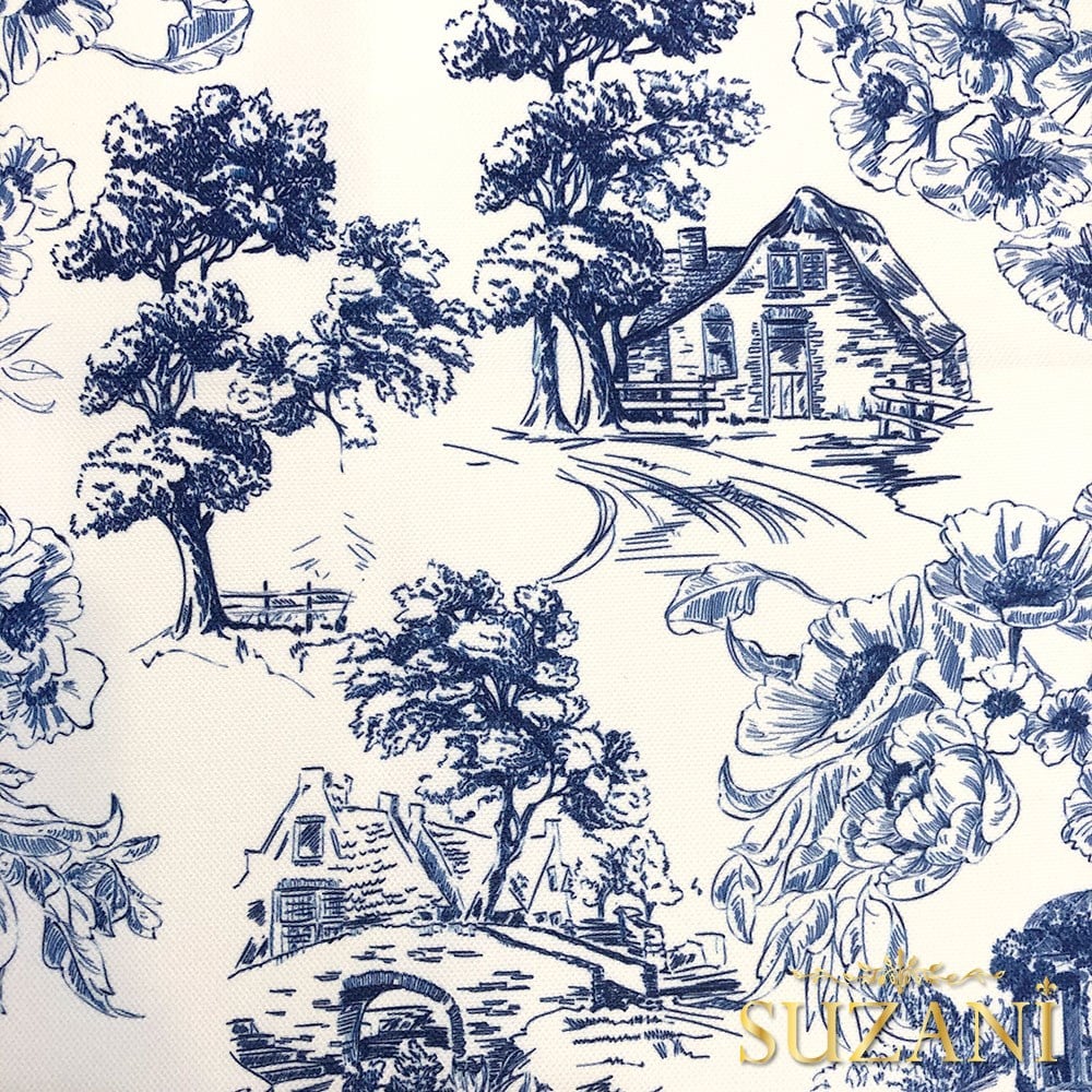 Toile de Jouy Stil Kır Evleri Desenli Dijital Baskılı Kumaş (Lacivert)