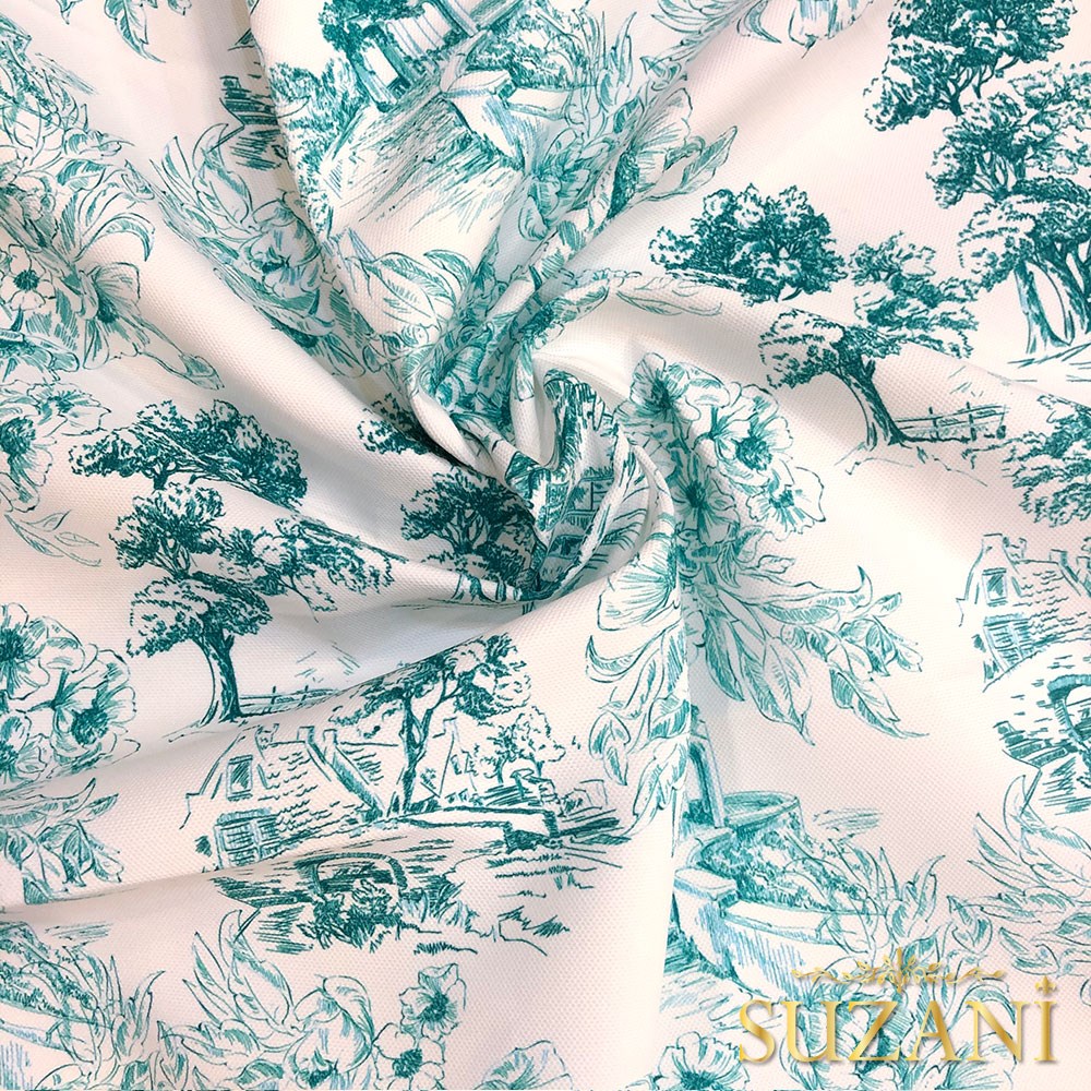 Toile de Jouy Stil Kır Evleri Desenli Dijital Baskılı Kumaş (Turkuaz)