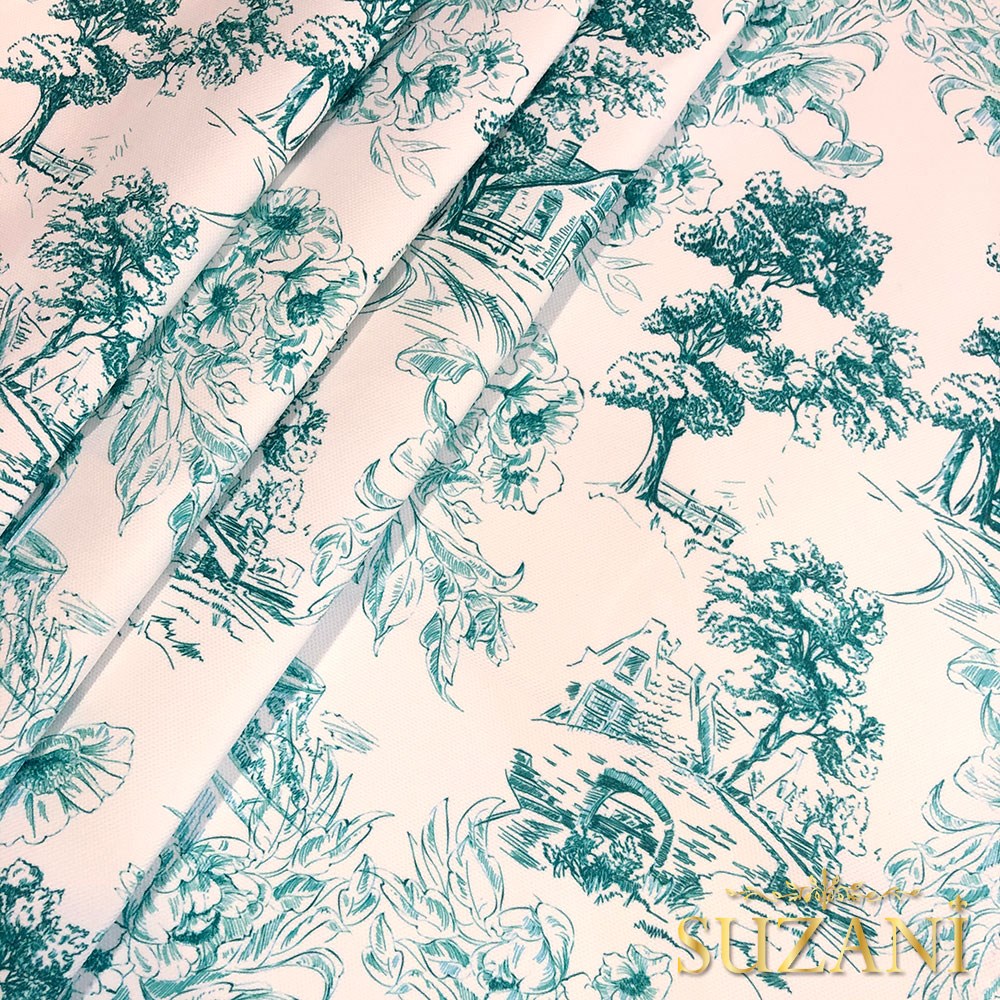 Toile de Jouy Stil Kır Evleri Desenli Dijital Baskılı Kumaş (Turkuaz)