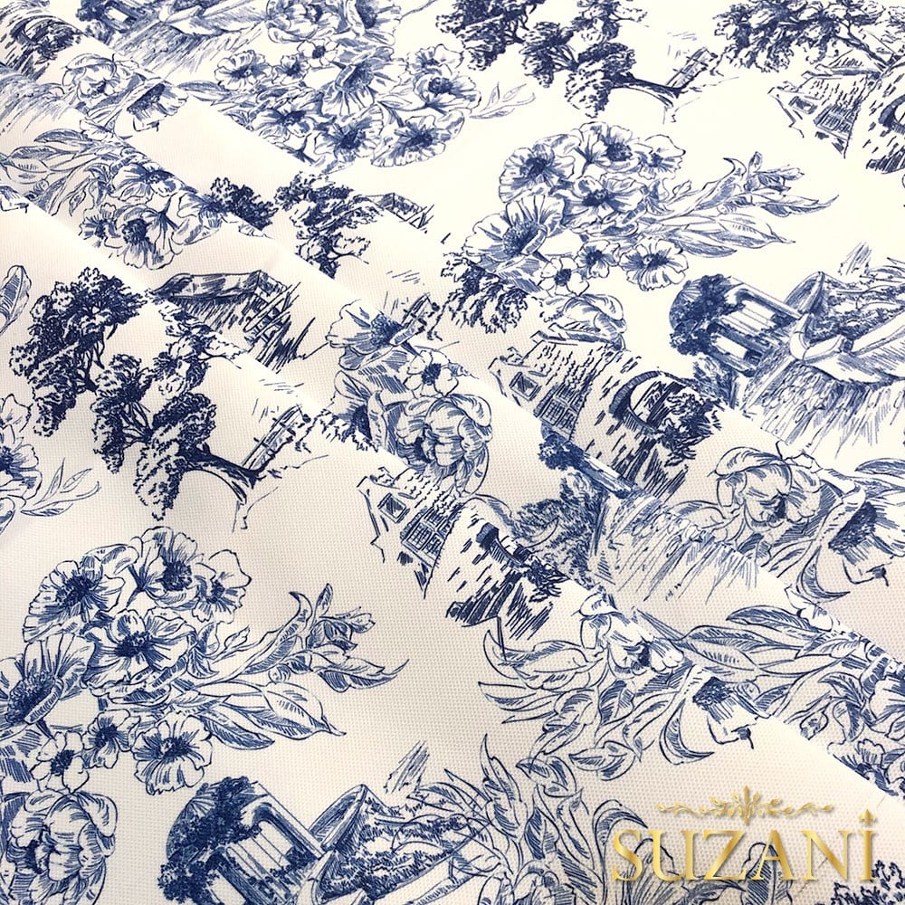 Toile de Jouy Stil Kır Evleri Desenli Dijital Baskılı Kumaş (Lacivert)