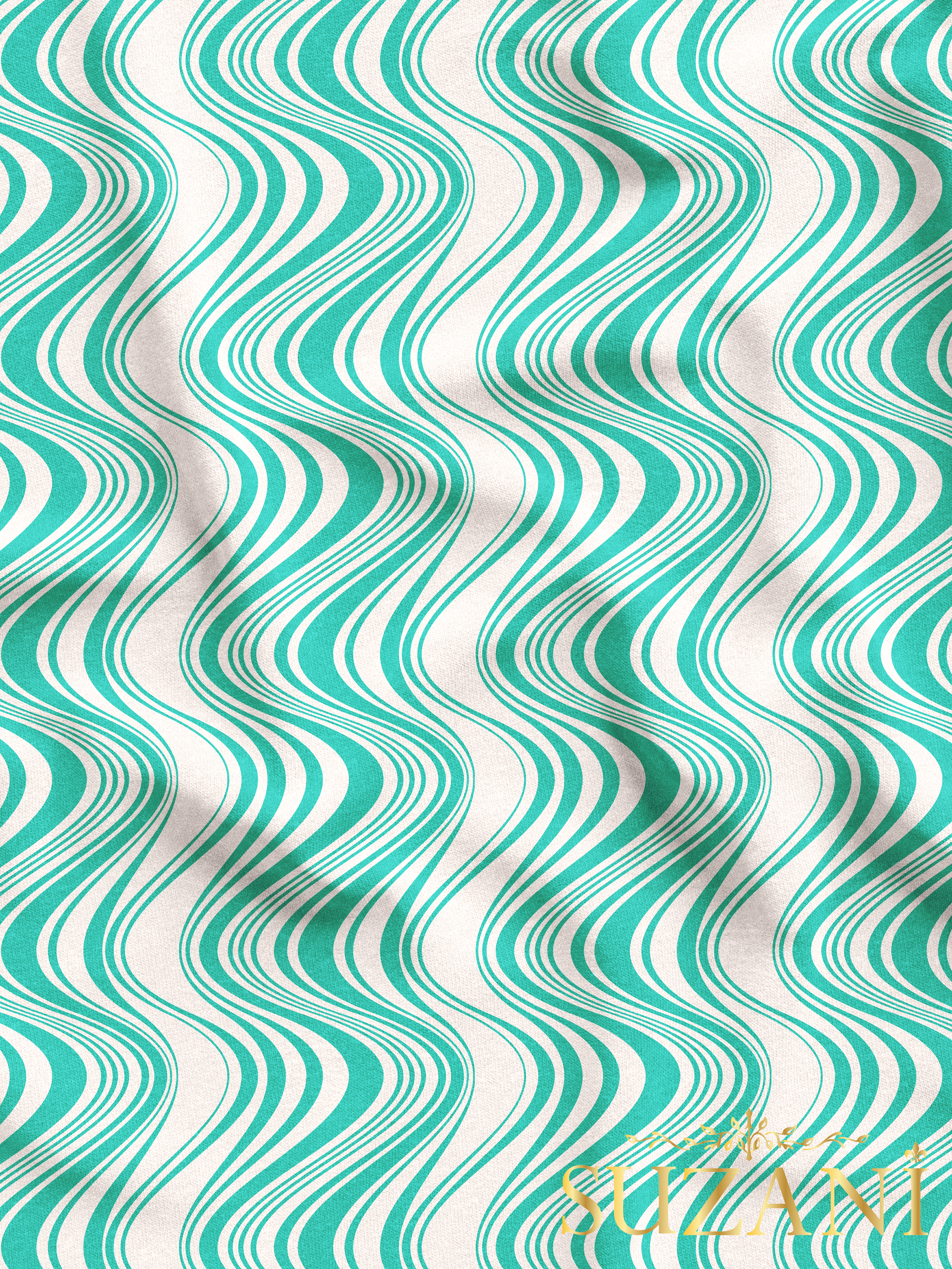 Turkuaz Çizgili Desenli Dijital Baskılı Kumaş