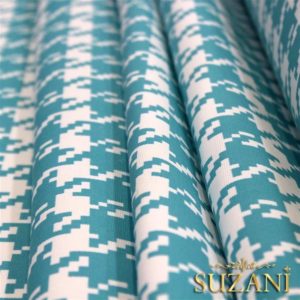 Turkuaz Kazayağı Desenli Kumaş