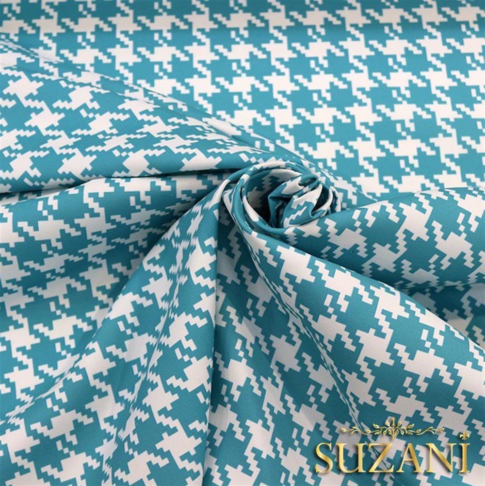 Turkuaz Kazayağı Desenli Kumaş