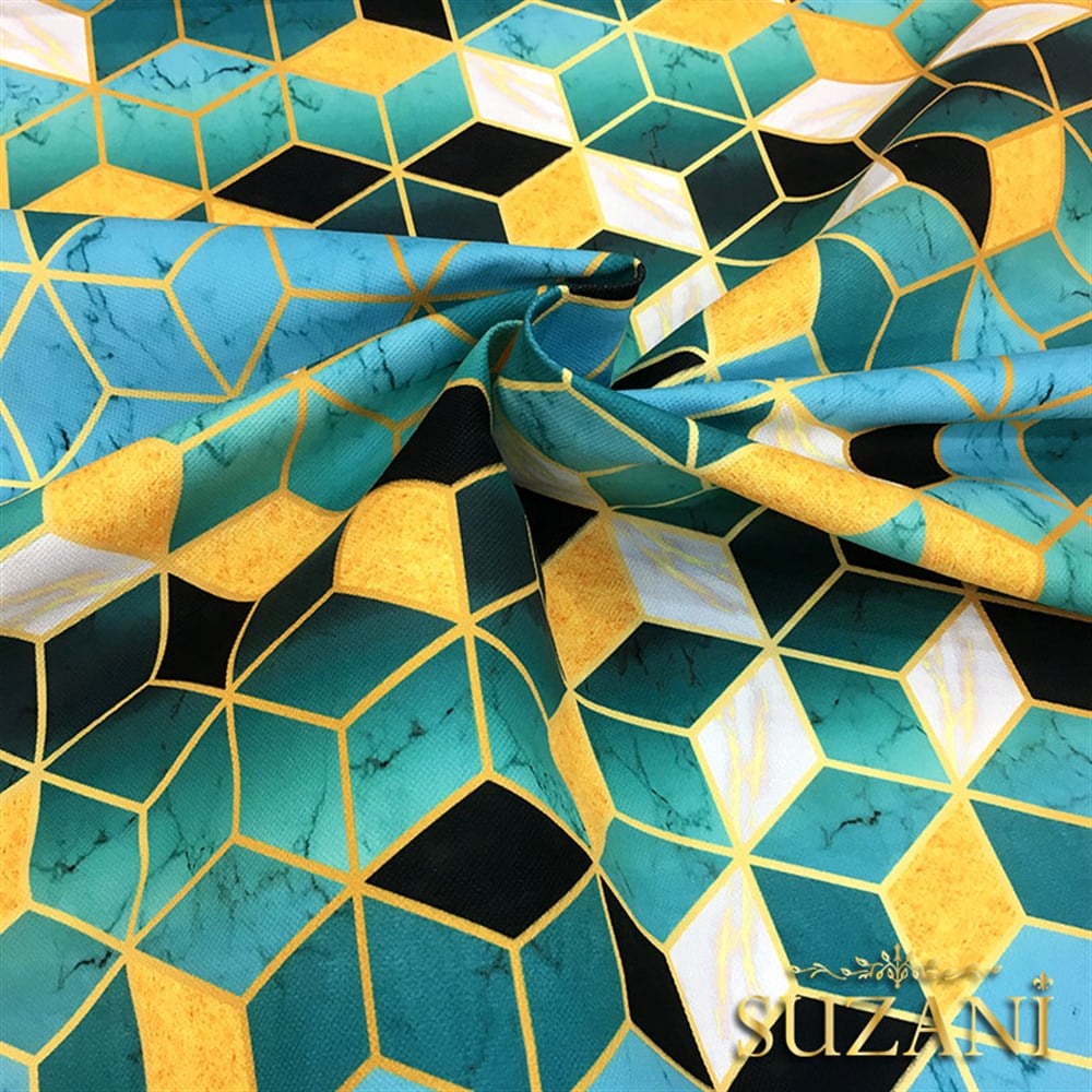 Turkuaz Küpler ve Mermer Desenli Kumaş