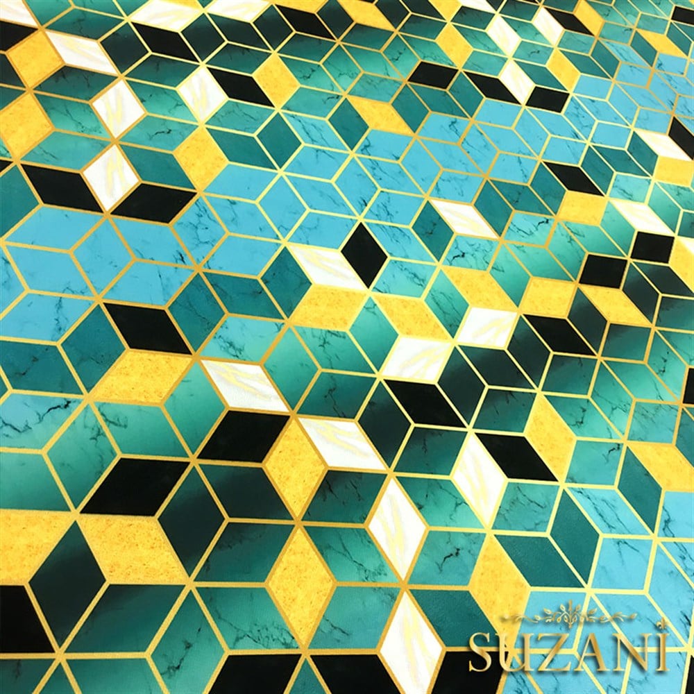 Turkuaz Küpler ve Mermer Desenli Kumaş