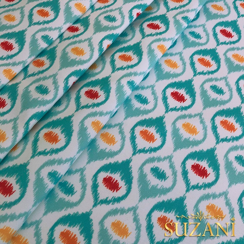 Turkuaz Madalyon İkat Dijital Baskılı Kumaş