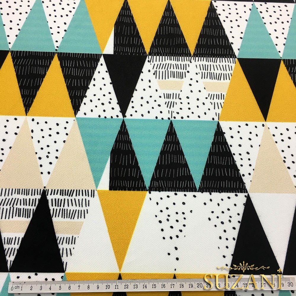 Turkuaz Sarı Üçgenler Desenli Kumaş