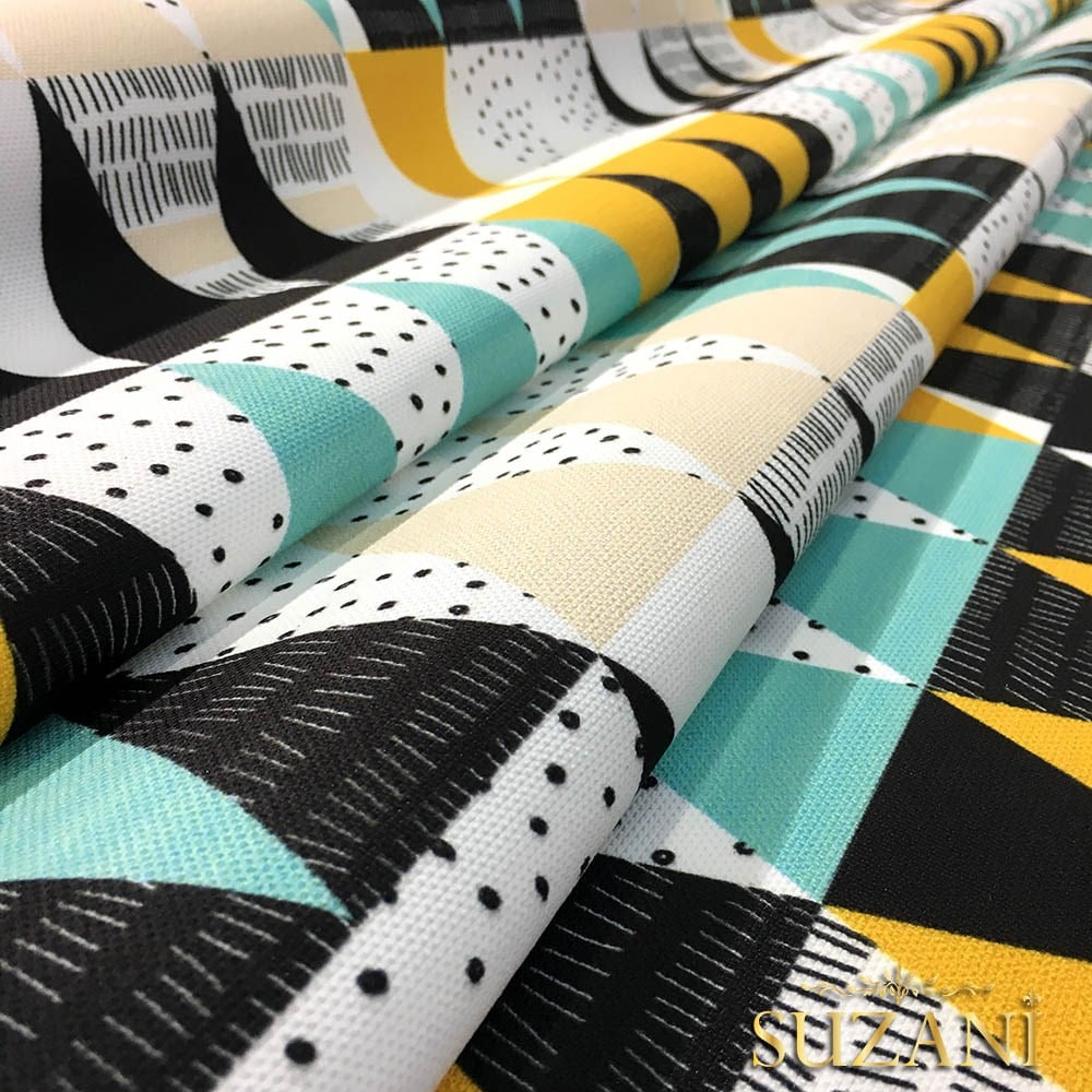 Turkuaz Sarı Üçgenler Desenli Kumaş