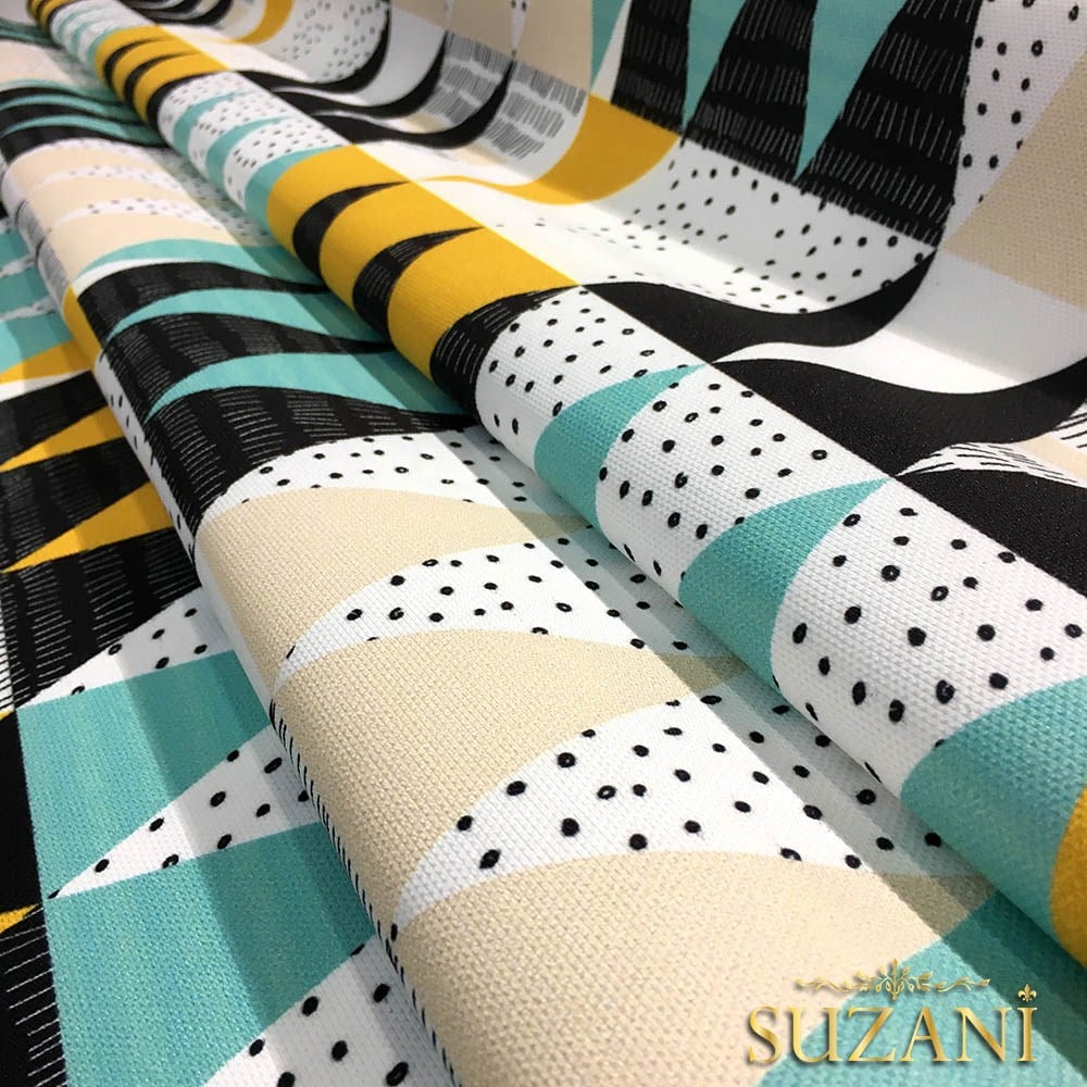 Turkuaz Sarı Üçgenler Desenli Kumaş