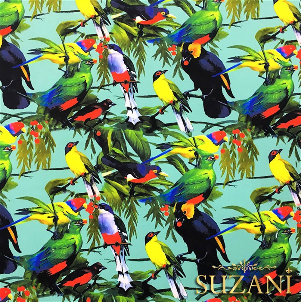 Turkuaz Zemin Kuşlu Desen Kumaş