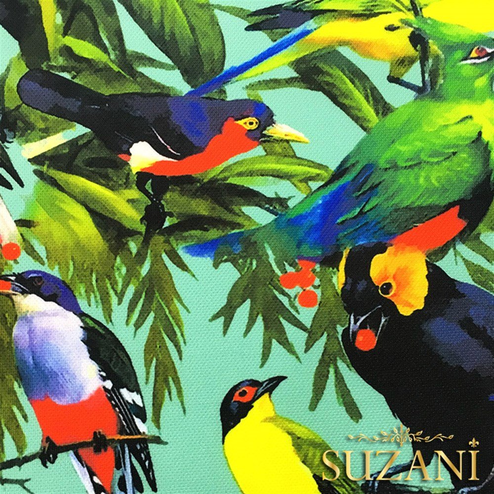 Turkuaz Zemin Kuşlu Desen Kumaş