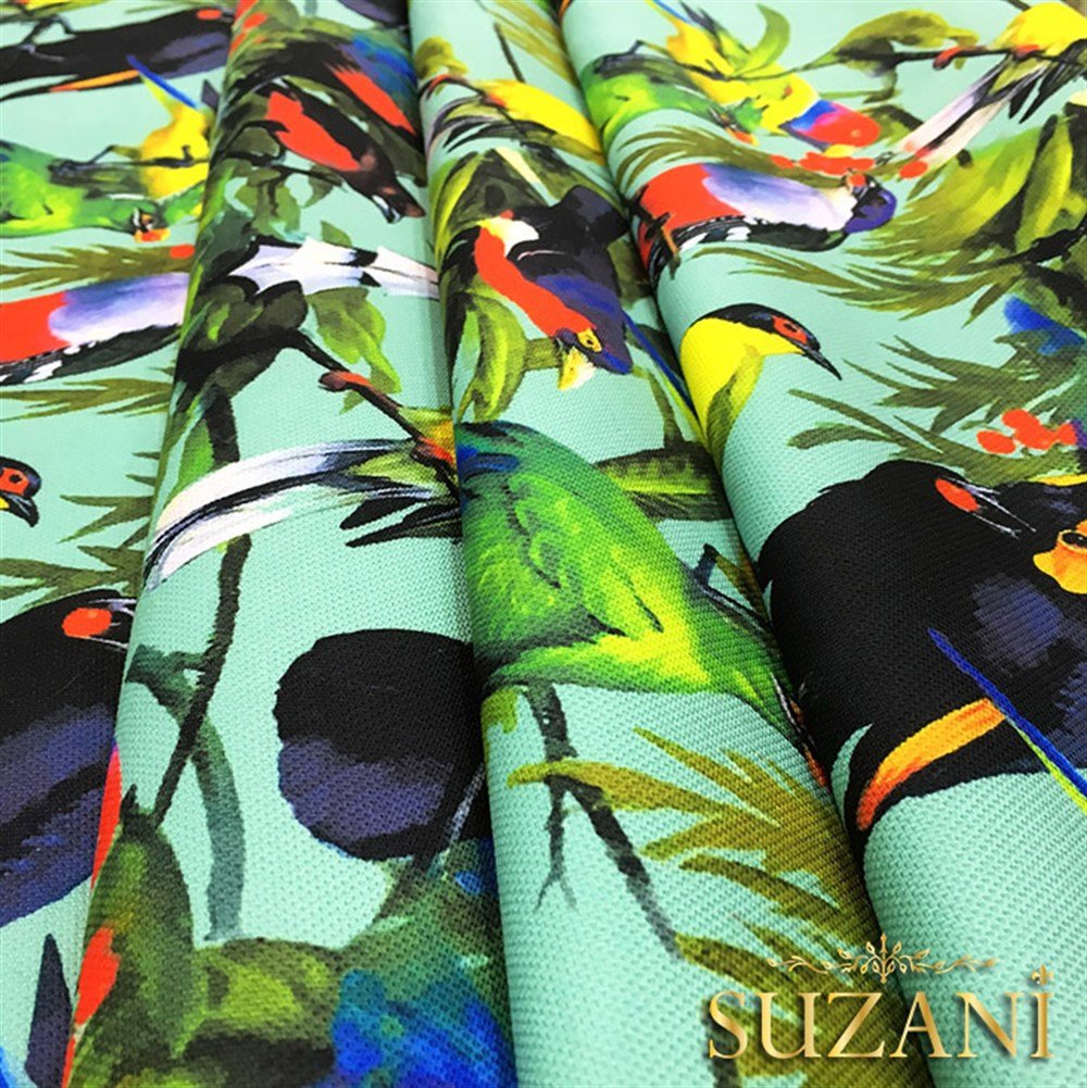 Turkuaz Zemin Kuşlu Desen Kumaş